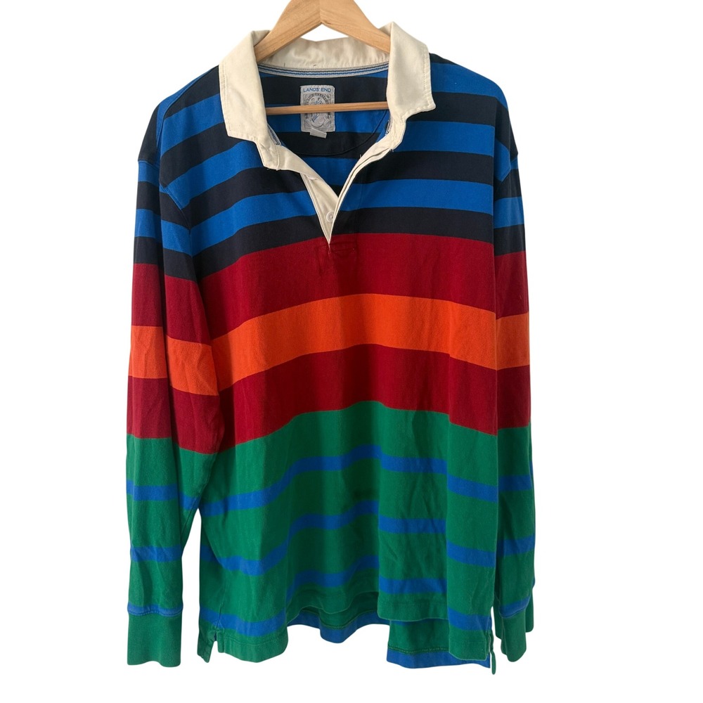Lands End Rugby Shirt Mens XL Multi Color Excellent Vintage 90s Striped Long Slv